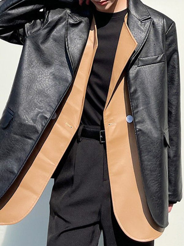 Autumn And Winter Niche Design Sense Removable Double Layer Lapel Colorful Suit Leather Jacket Men Handsome Trend PU Leather Jacket - Image 2