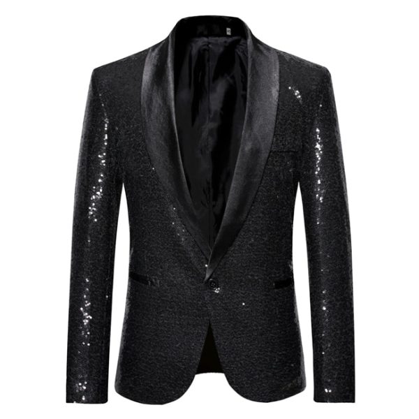 Black Sequin One Button Shawl Collar Suit Jacket Men Bling Glitter Nightclub Prom DJ Blazer Jacket Men Stage Clothes for Singers - Image 7